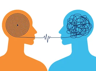 Illustration of two human figures, one orange and one blue, with strings in their heads and coming out their mouths while looking at each other.